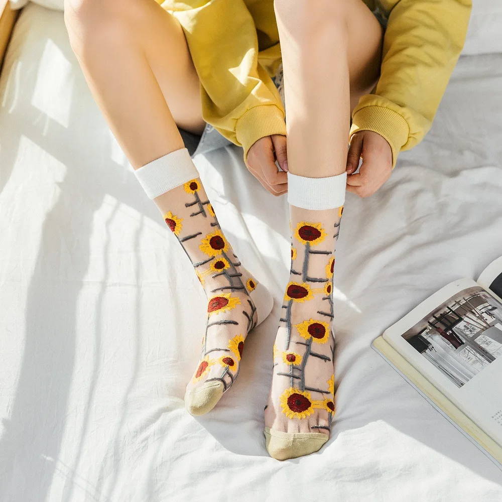 5 Pairs/Set France Hipster Design Glass Silk Floral Bird Funny Socks Women Transparent Art Ankle Socks Jacquard