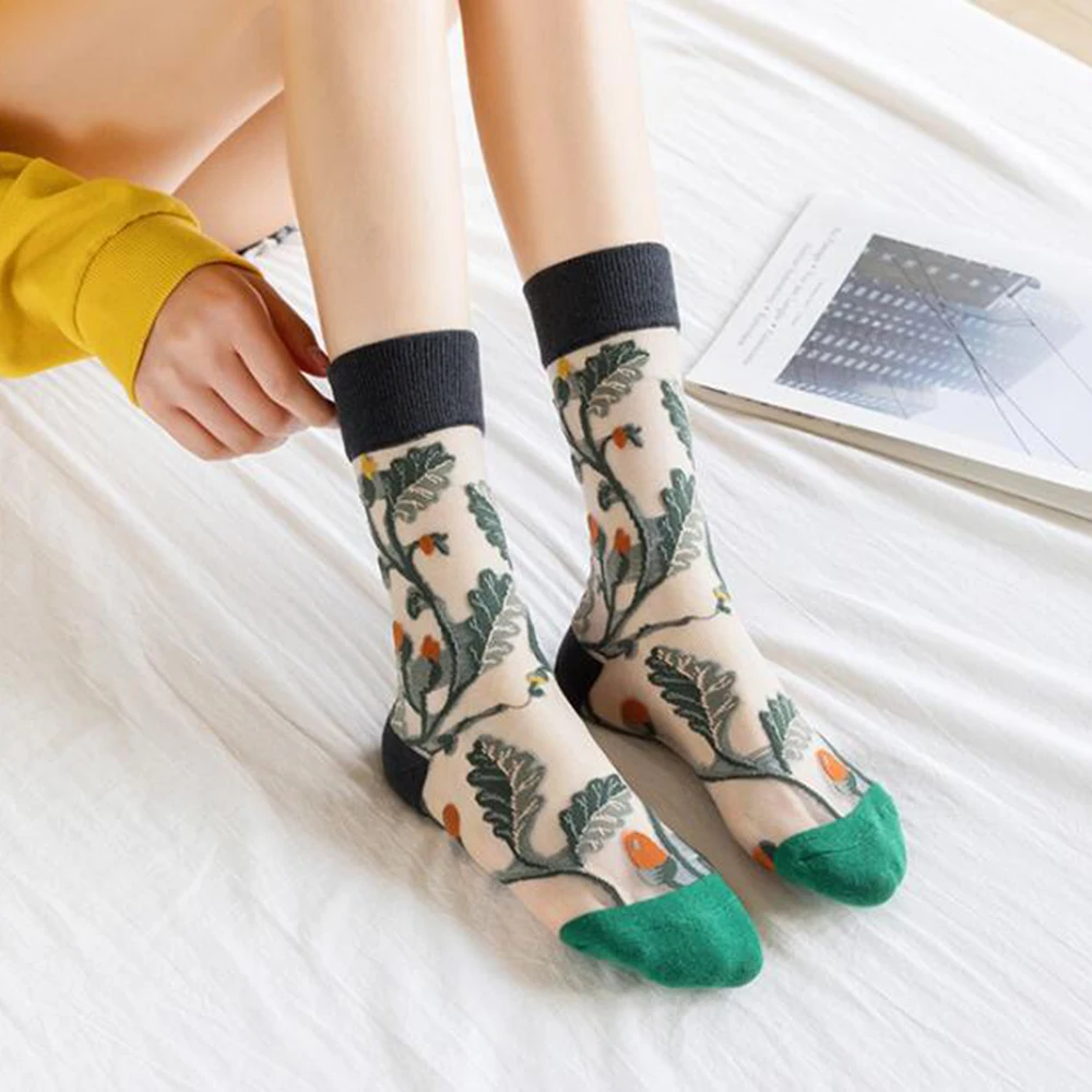 5 Pairs/Set France Hipster Design Glass Silk Floral Bird Funny Socks Women Transparent Art Ankle Socks Jacquard