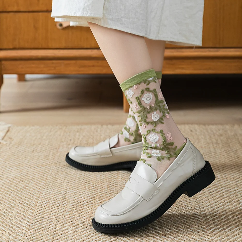 5 Pairs/Set France Hipster Design Glass Silk Floral Bird Funny Socks Women Transparent Art Ankle Socks Jacquard