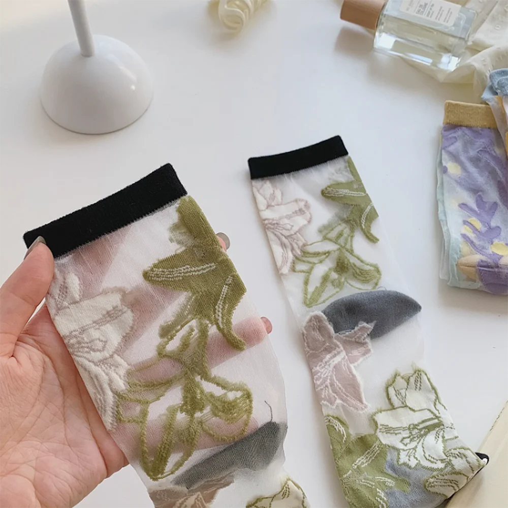 5 Pairs/Set France Hipster Design Glass Silk Floral Bird Funny Socks Women Transparent Art Ankle Socks Jacquard