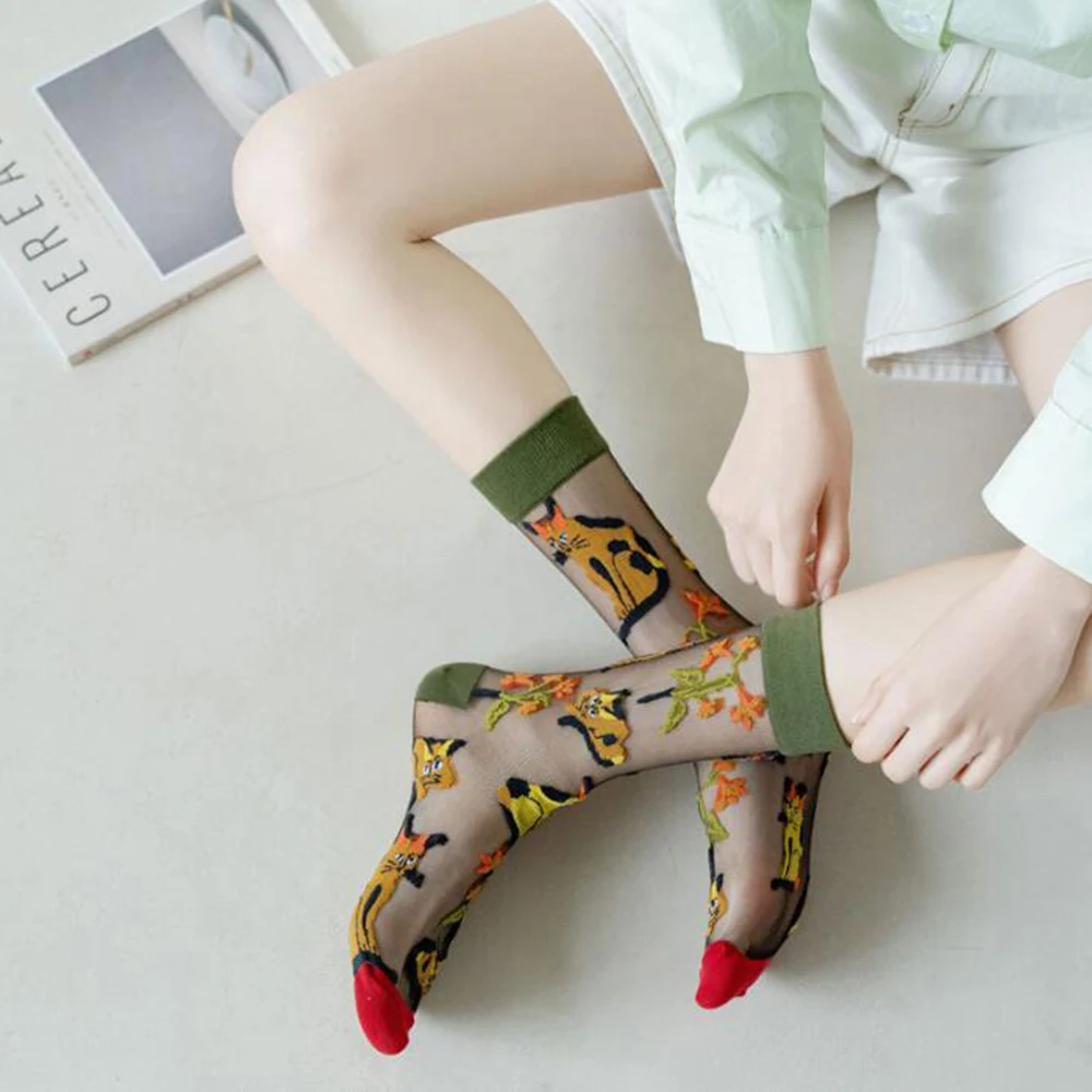 5 Pairs/Set France Hipster Design Glass Silk Floral Bird Funny Socks Women Transparent Art Ankle Socks Jacquard