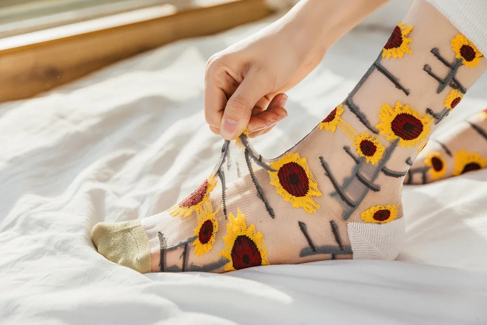 5 Pairs/Set France Hipster Design Glass Silk Floral Bird Funny Socks Women Transparent Art Ankle Socks Jacquard