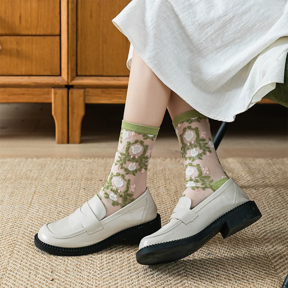 5 Pairs/Set France Hipster Design Glass Silk Floral Bird Funny Socks Women Transparent Art Ankle Socks Jacquard