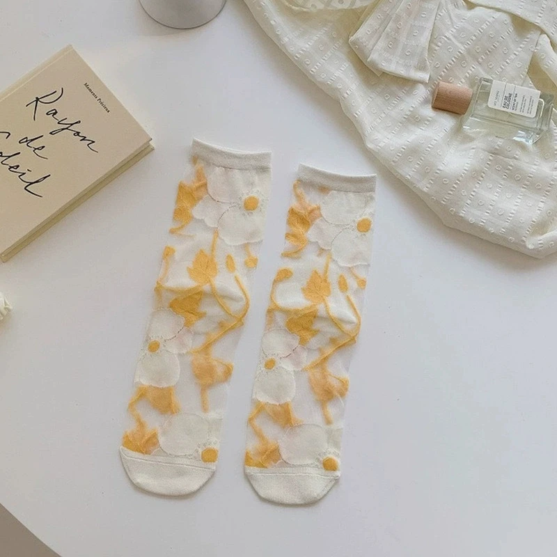 5 Pairs/Set France Hipster Design Glass Silk Floral Bird Funny Socks Women Transparent Art Ankle Socks Jacquard