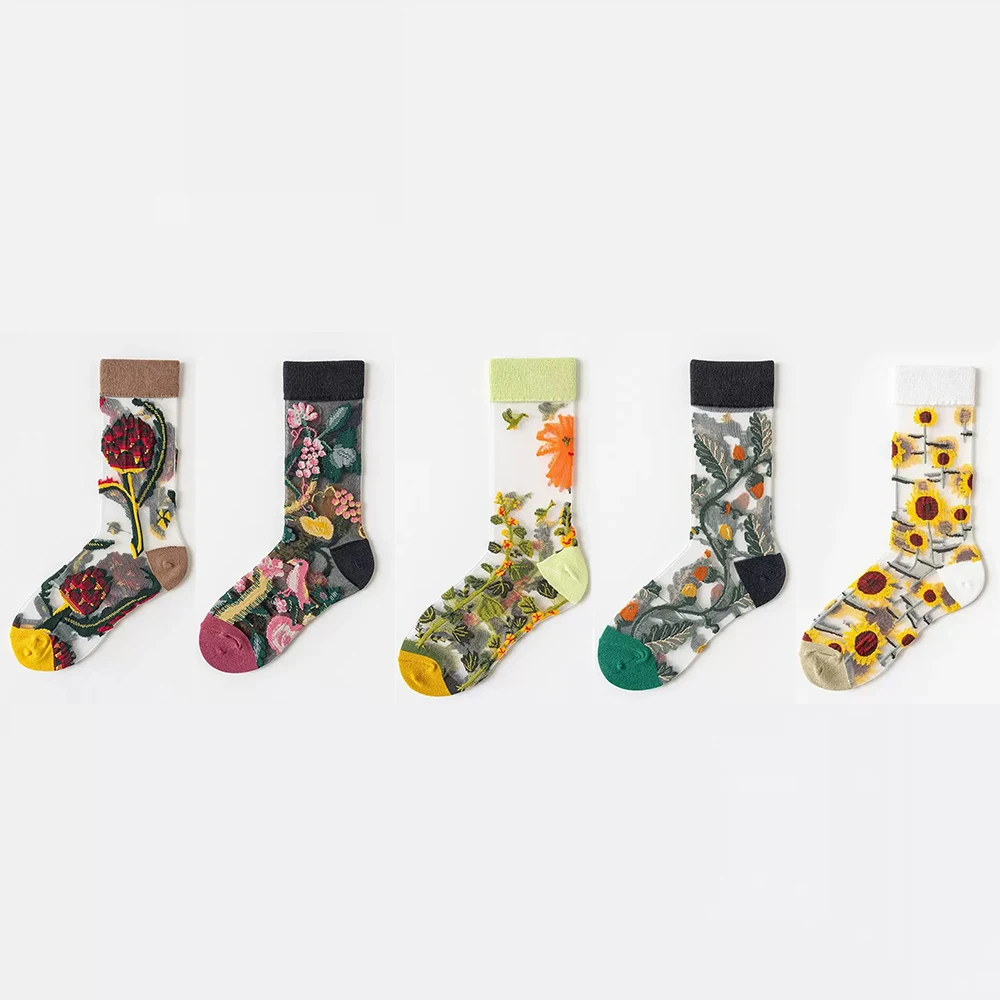 5 Pairs/Set France Hipster Design Glass Silk Floral Bird Funny Socks Women Transparent Art Ankle Socks Jacquard