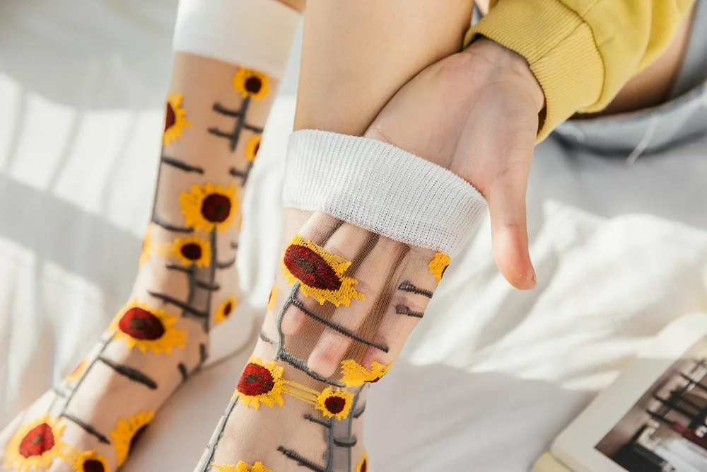 5 Pairs/Set France Hipster Design Glass Silk Floral Bird Funny Socks Women Transparent Art Ankle Socks Jacquard