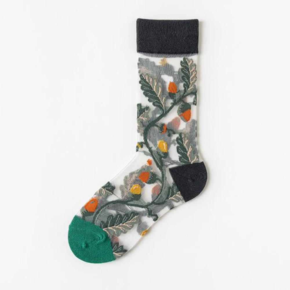 5 Pairs/Set France Hipster Design Glass Silk Floral Bird Funny Socks Women Transparent Art Ankle Socks Jacquard