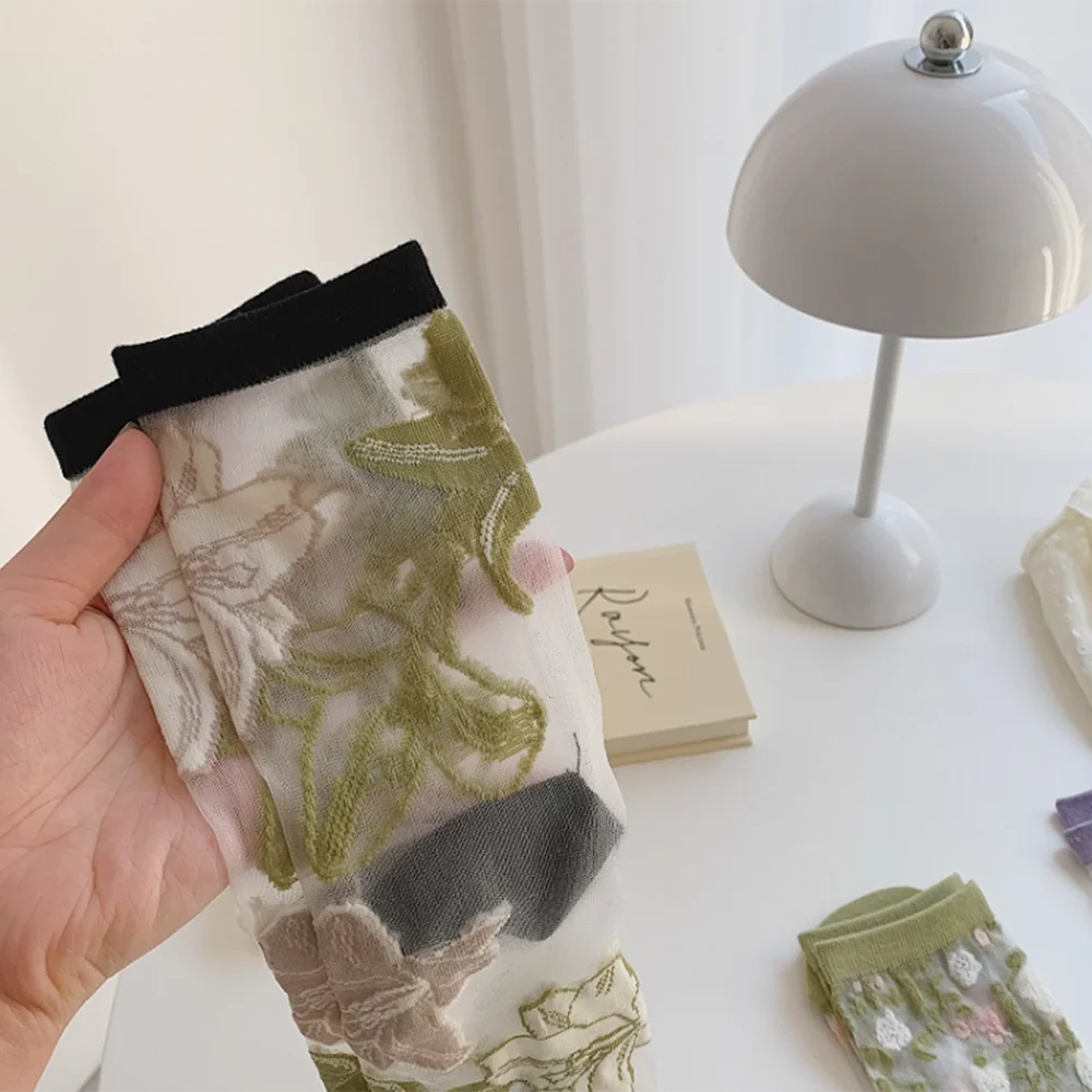 5 Pairs/Set France Hipster Design Glass Silk Floral Bird Funny Socks Women Transparent Art Ankle Socks Jacquard