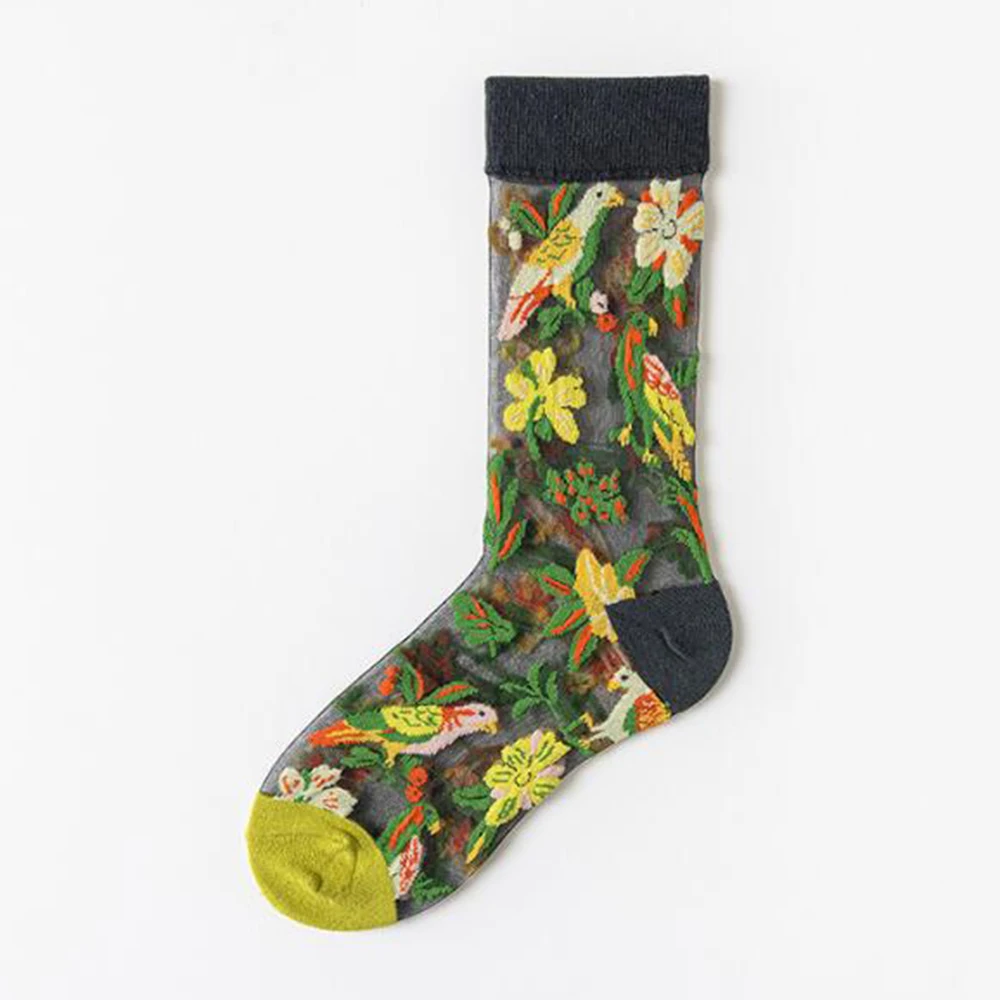 5 Pairs/Set France Hipster Design Glass Silk Floral Bird Funny Socks Women Transparent Art Ankle Socks Jacquard