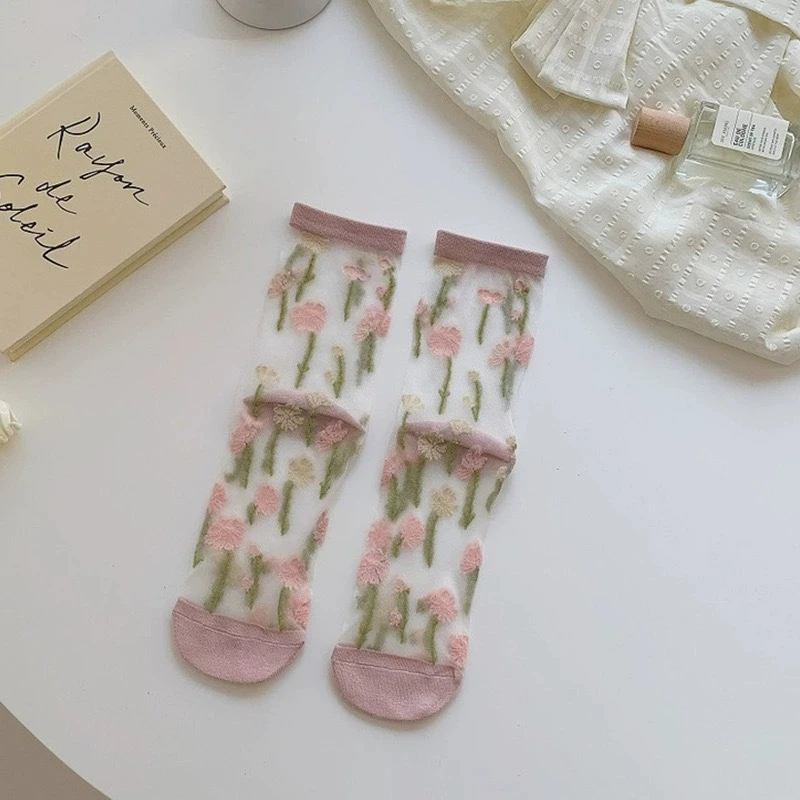 5 Pairs/Set France Hipster Design Glass Silk Floral Bird Funny Socks Women Transparent Art Ankle Socks Jacquard