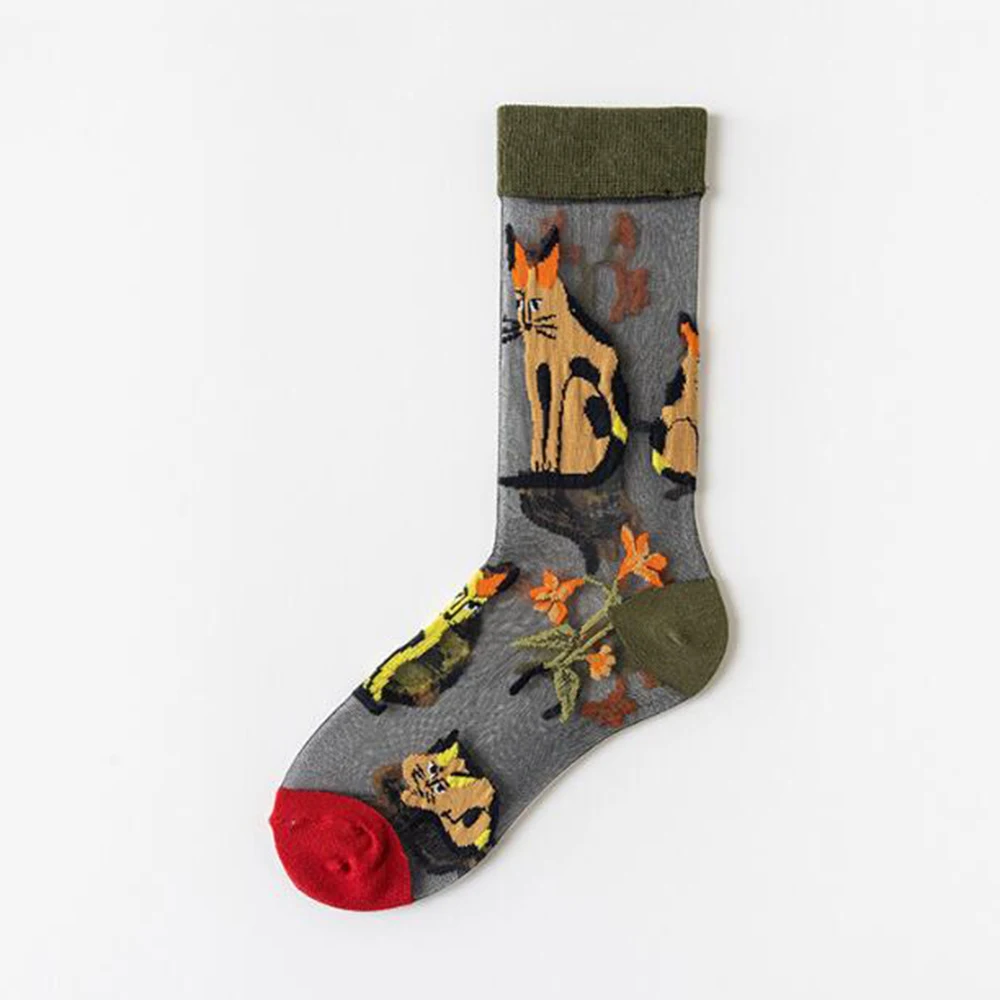 5 Pairs/Set France Hipster Design Glass Silk Floral Bird Funny Socks Women Transparent Art Ankle Socks Jacquard