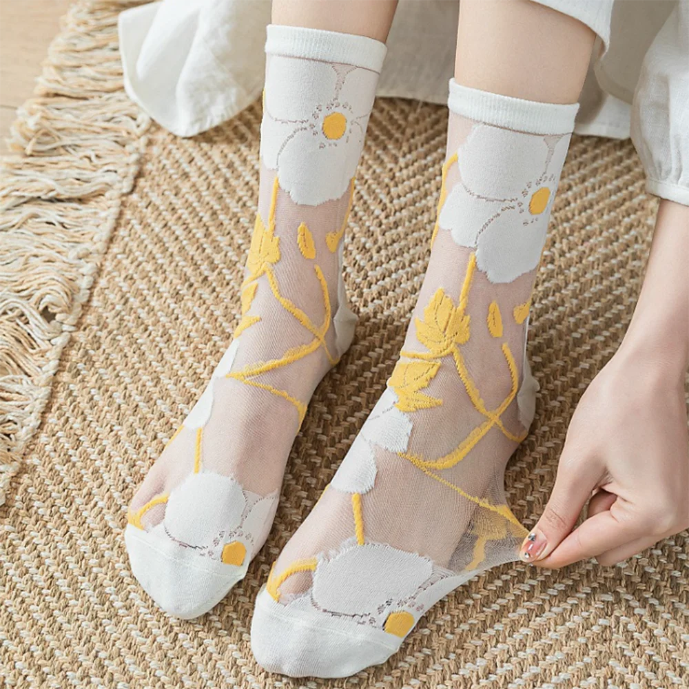 5 Pairs/Set France Hipster Design Glass Silk Floral Bird Funny Socks Women Transparent Art Ankle Socks Jacquard
