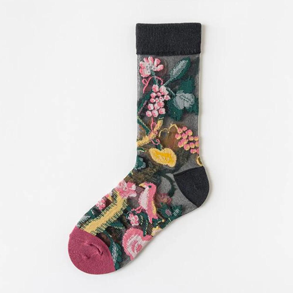 5 Pairs/Set France Hipster Design Glass Silk Floral Bird Funny Socks Women Transparent Art Ankle Socks Jacquard