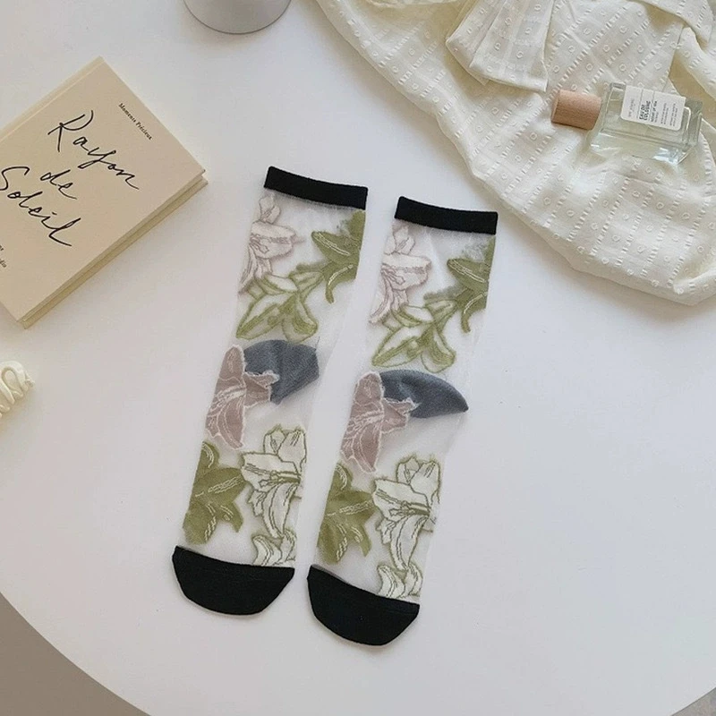5 Pairs/Set France Hipster Design Glass Silk Floral Bird Funny Socks Women Transparent Art Ankle Socks Jacquard