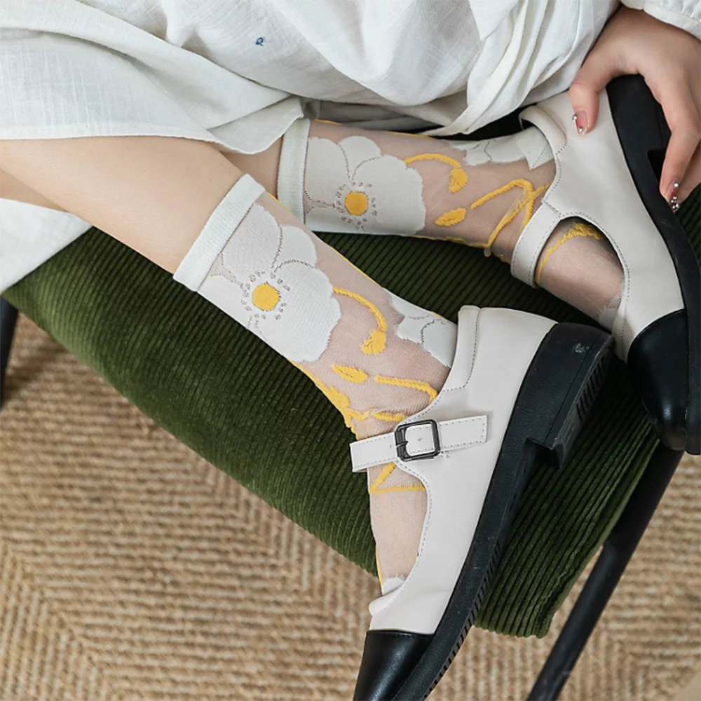 5 Pairs/Set France Hipster Design Glass Silk Floral Bird Funny Socks Women Transparent Art Ankle Socks Jacquard