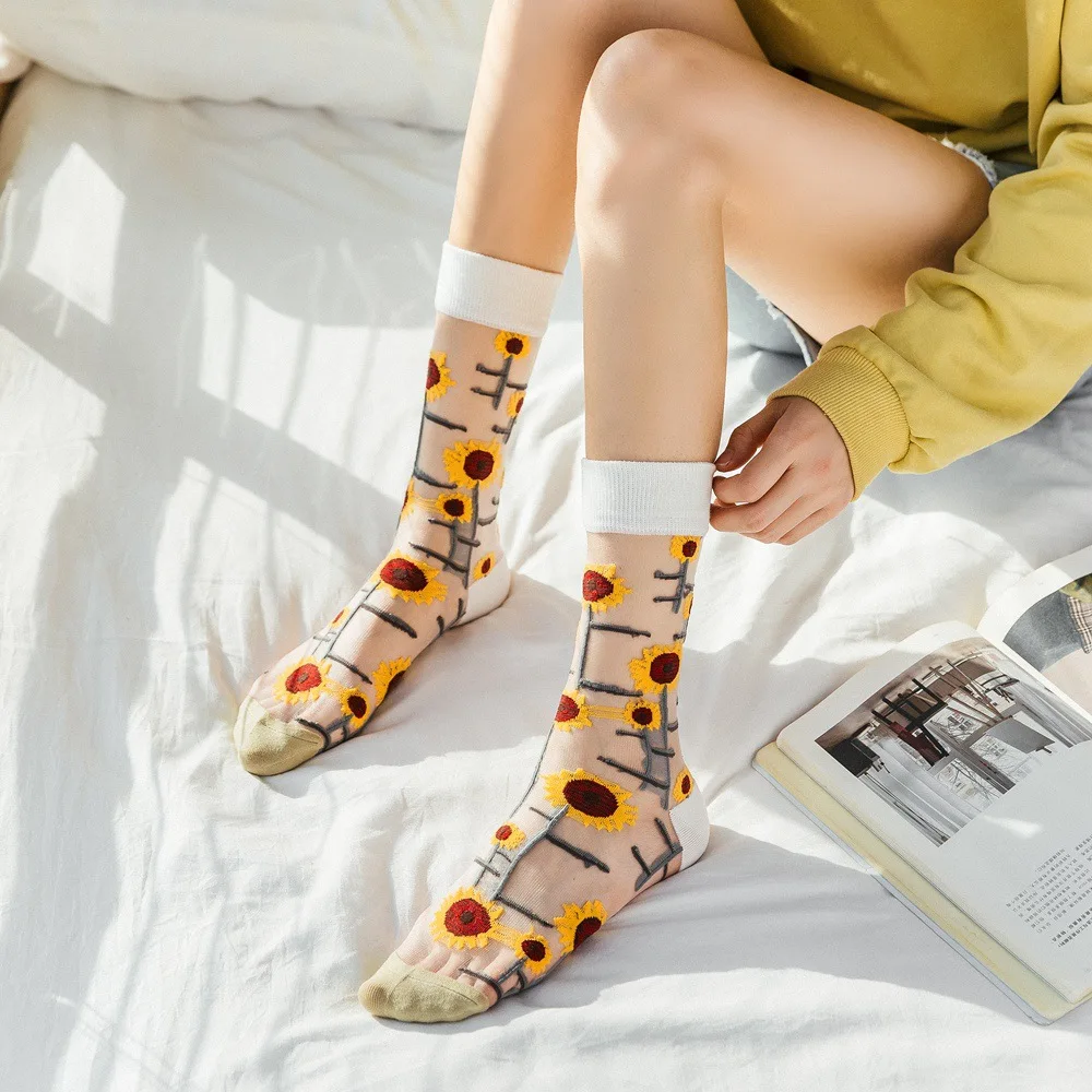 5 Pairs/Set France Hipster Design Glass Silk Floral Bird Funny Socks Women Transparent Art Ankle Socks Jacquard