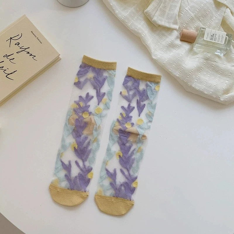 5 Pairs/Set France Hipster Design Glass Silk Floral Bird Funny Socks Women Transparent Art Ankle Socks Jacquard