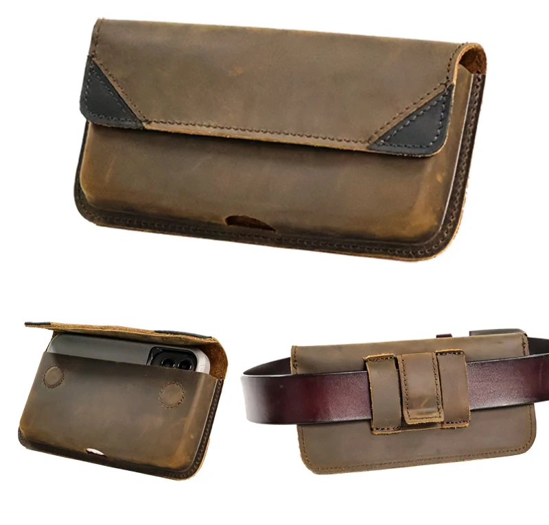 1pcGenuine Leather Waist Bag for Men, Casual Flip Cover, Phone Holster Case with Belt Clip, Mobile Phone Pouch for iPhone 15