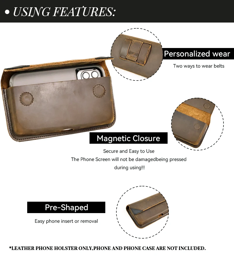 1pcGenuine Leather Waist Bag for Men, Casual Flip Cover, Phone Holster Case with Belt Clip, Mobile Phone Pouch for iPhone 15
