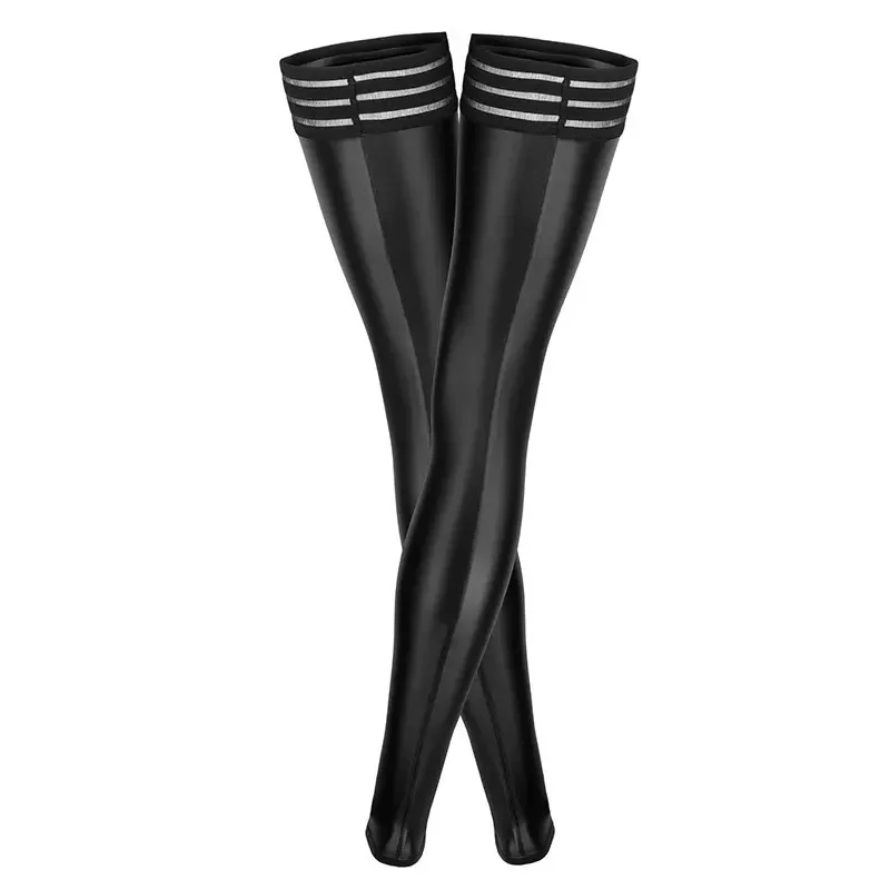Women Sexy Latex Tights Pantyhose Patent Leather Lace Thigh Socks Stockings For Party Club Wear Hot Lingerie
