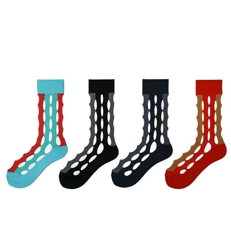 Summer Women's Mid-tube Chic Fashion Hollow Out Mesh Contrasting Colors Cotton Socks Street Soft Japanese Personality Hole Sox