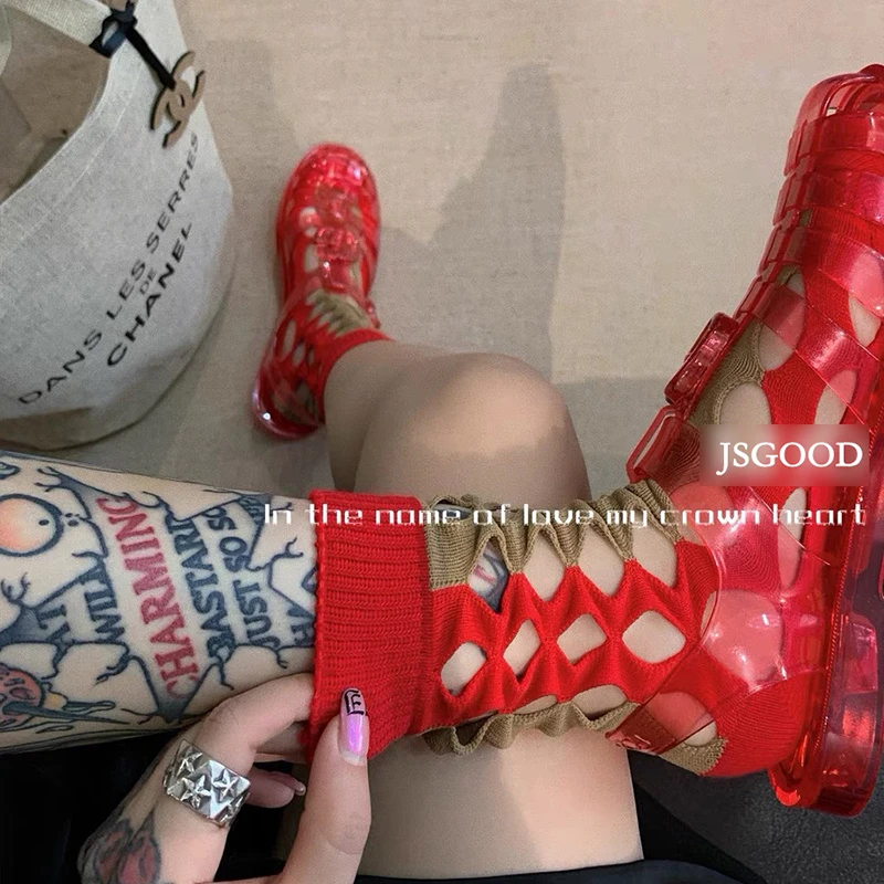 Summer Women's Mid-tube Chic Fashion Hollow Out Mesh Contrasting Colors Cotton Socks Street Soft Japanese Personality Hole Sox