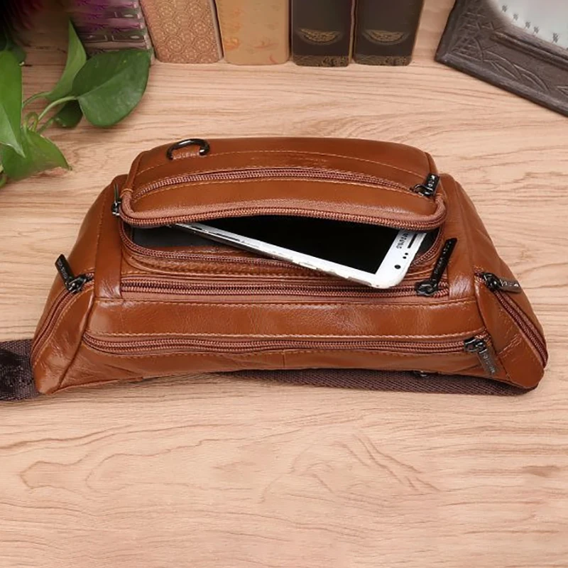 Men Waist Fanny Bags Sling Chest Bag Genuine Leather Casual Fashion Retro Crossbody Male Real Cowhide Loop Hip Belt Bum Bag