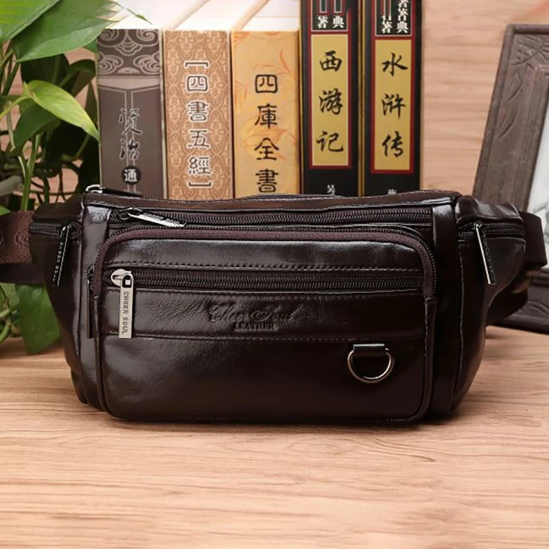Men Waist Fanny Bags Sling Chest Bag Genuine Leather Casual Fashion Retro Crossbody Male Real Cowhide Loop Hip Belt Bum Bag