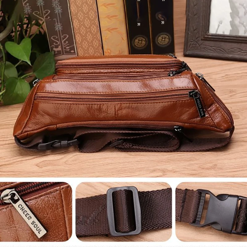 Men Waist Fanny Bags Sling Chest Bag Genuine Leather Casual Fashion Retro Crossbody Male Real Cowhide Loop Hip Belt Bum Bag