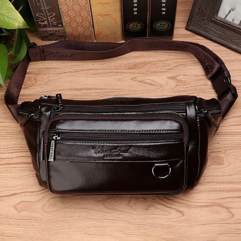 Men Waist Fanny Bags Sling Chest Bag Genuine Leather Casual Fashion Retro Crossbody Male Real Cowhide Loop Hip Belt Bum Bag