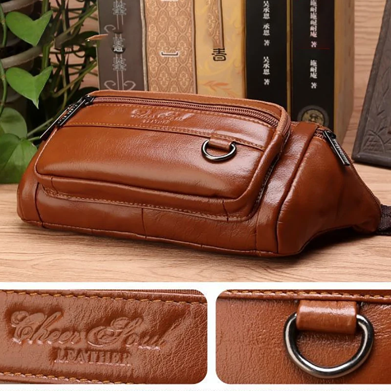 Men Waist Fanny Bags Sling Chest Bag Genuine Leather Casual Fashion Retro Crossbody Male Real Cowhide Loop Hip Belt Bum Bag