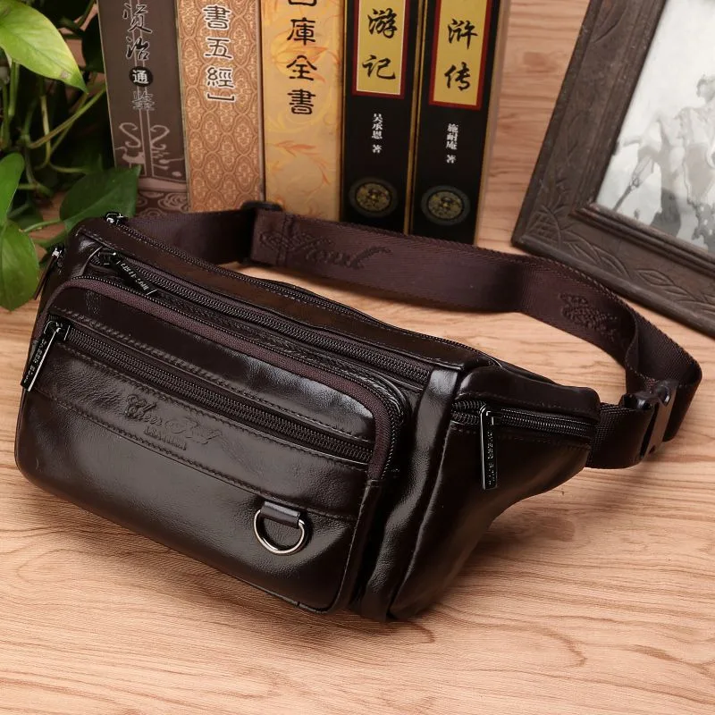 Men Waist Fanny Bags Sling Chest Bag Genuine Leather Casual Fashion Retro Crossbody Male Real Cowhide Loop Hip Belt Bum Bag