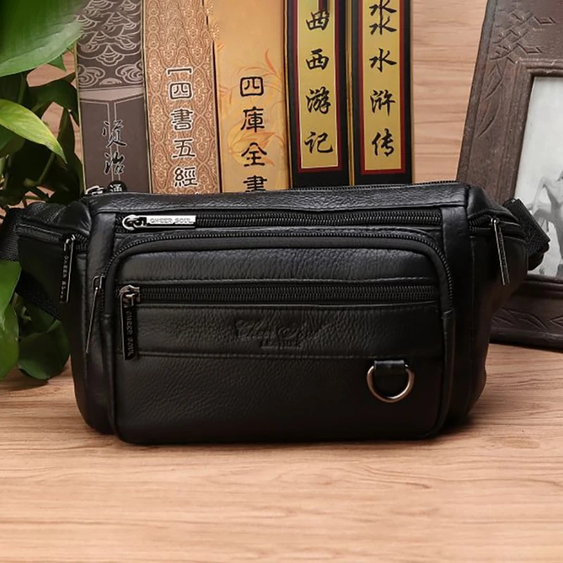 Men Waist Fanny Bags Sling Chest Bag Genuine Leather Casual Fashion Retro Crossbody Male Real Cowhide Loop Hip Belt Bum Bag