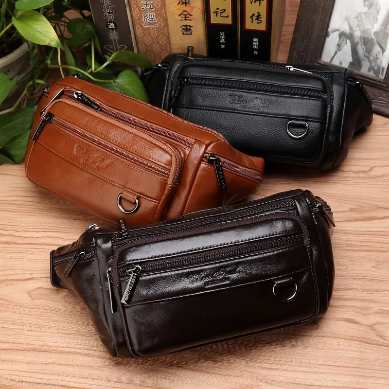 Men Waist Fanny Bags Sling Chest Bag Genuine Leather Casual Fashion Retro Crossbody Male Real Cowhide Loop Hip Belt Bum Bag