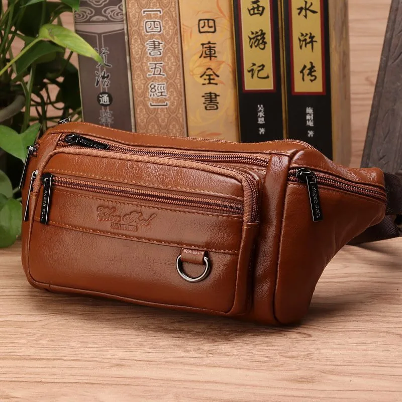 Men Waist Fanny Bags Sling Chest Bag Genuine Leather Casual Fashion Retro Crossbody Male Real Cowhide Loop Hip Belt Bum Bag