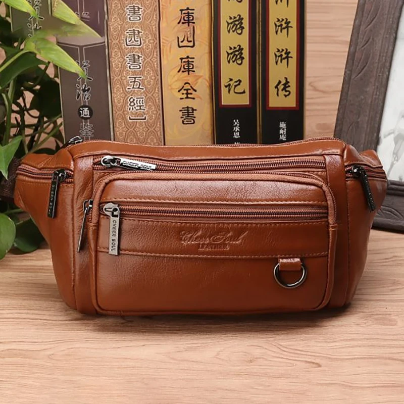 Men Waist Fanny Bags Sling Chest Bag Genuine Leather Casual Fashion Retro Crossbody Male Real Cowhide Loop Hip Belt Bum Bag