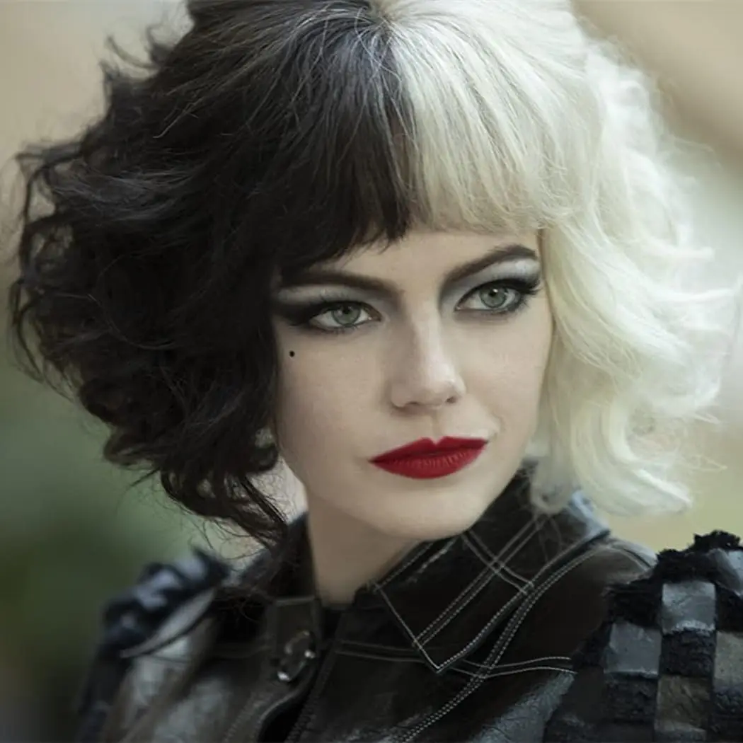Black and White Wigs for Cruella Costume Women Short Curly Wavy Hair Wig with Wig Cute Synthetic Wigs for Party Halloween