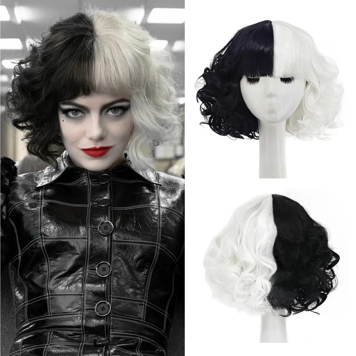Black and White Wigs for Cruella Costume Women Short Curly Wavy Hair Wig with Wig Cute Synthetic Wigs for Party Halloween