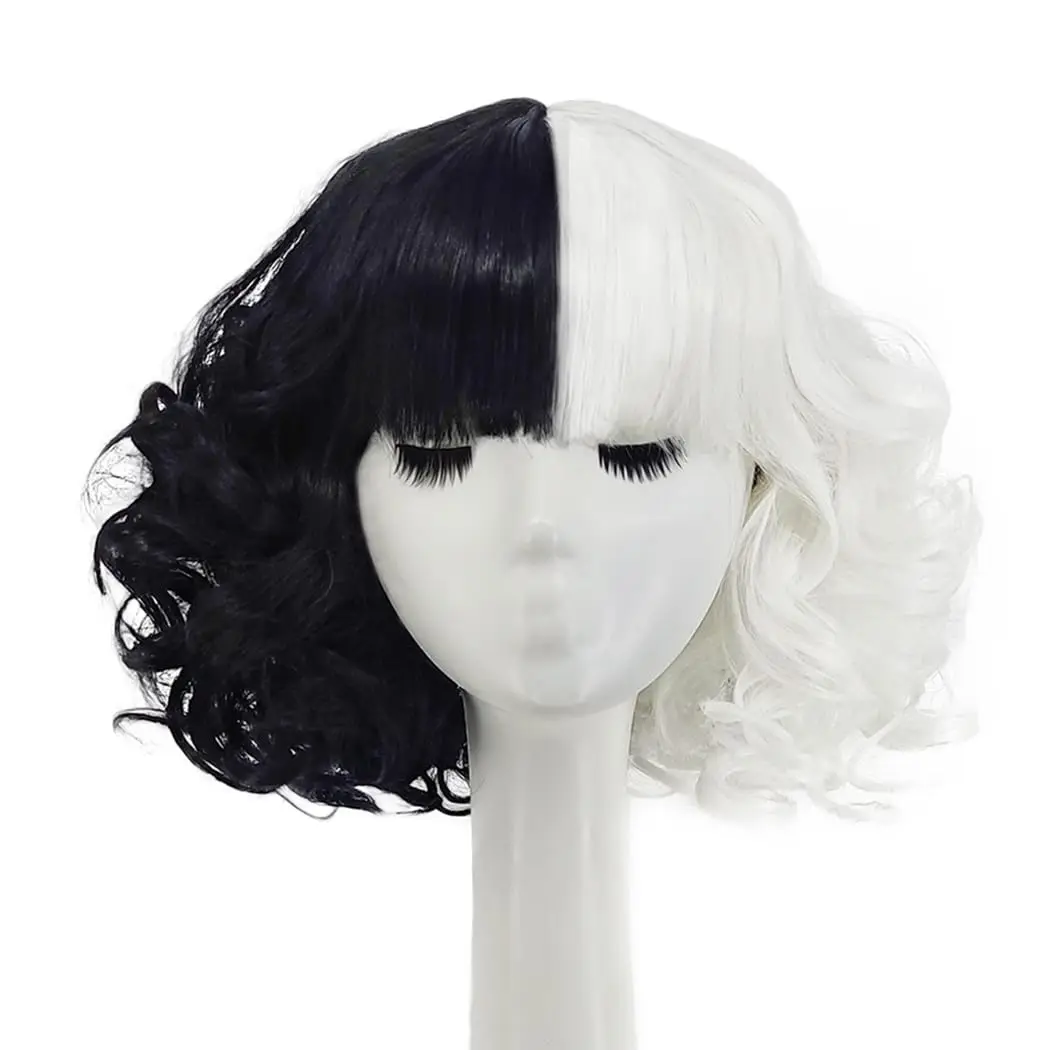 Black and White Wigs for Cruella Costume Women Short Curly Wavy Hair Wig with Wig Cute Synthetic Wigs for Party Halloween