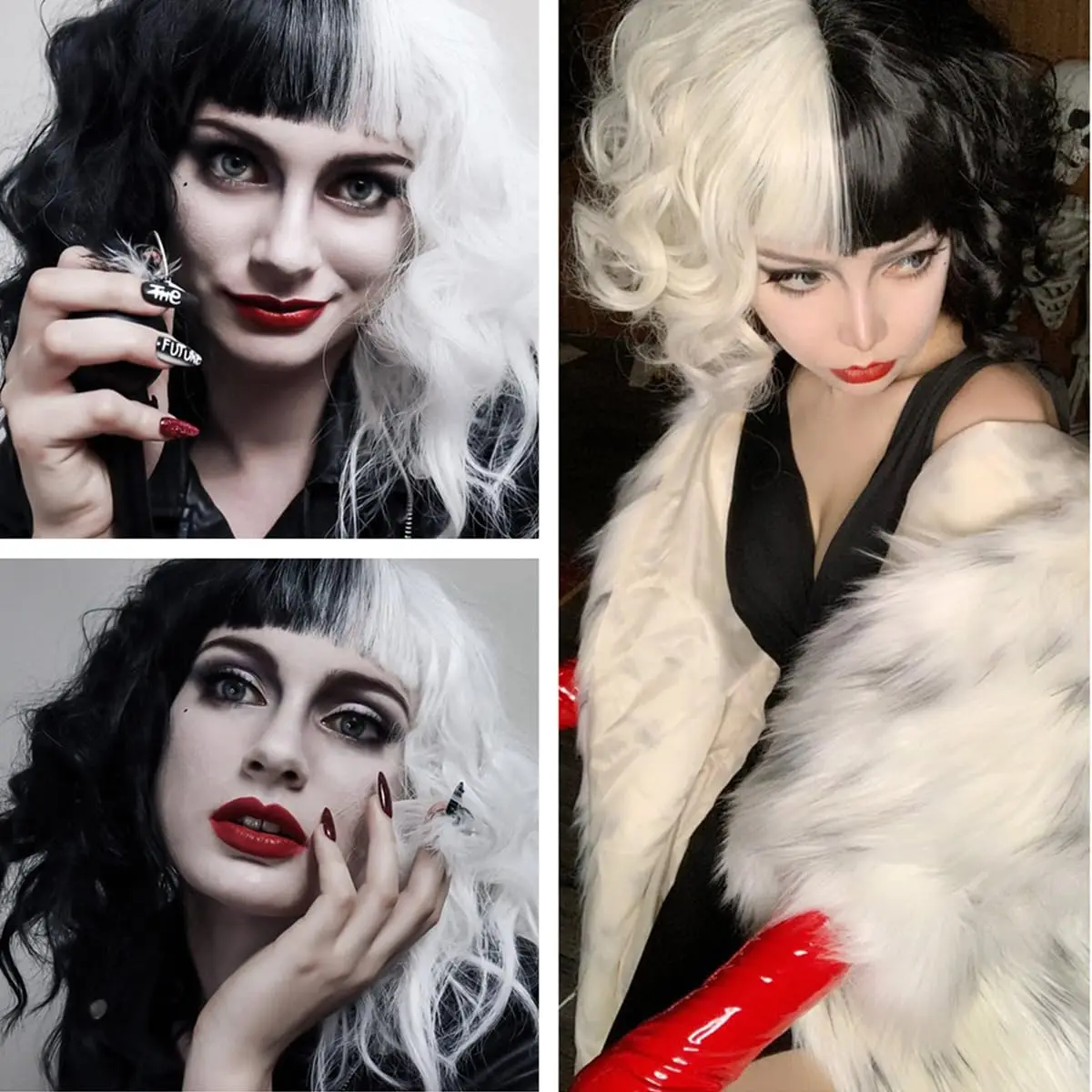Black and White Wigs for Cruella Costume Women Short Curly Wavy Hair Wig with Wig Cute Synthetic Wigs for Party Halloween