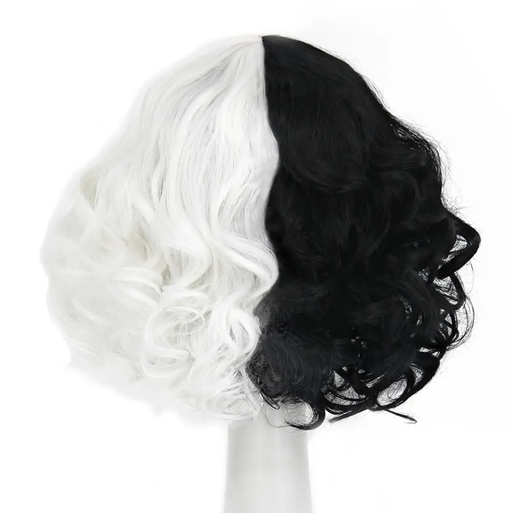Black and White Wigs for Cruella Costume Women Short Curly Wavy Hair Wig with Wig Cute Synthetic Wigs for Party Halloween