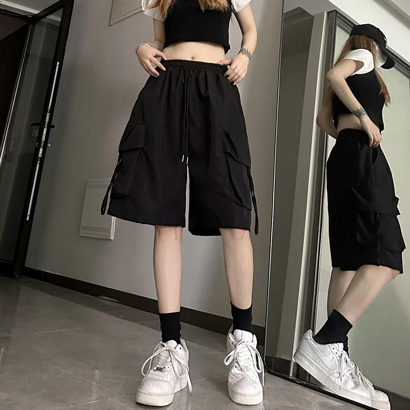S-3Xl Y2K Cargo Shorts Women Harajuku Black Oversized Wide Leg Shorts Summer Streetwear Fashion High Waist Baggy Short Pants New