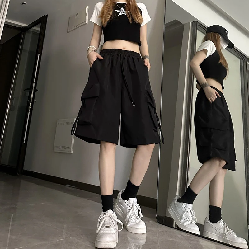 S-3Xl Y2K Cargo Shorts Women Harajuku Black Oversized Wide Leg Shorts Summer Streetwear Fashion High Waist Baggy Short Pants New