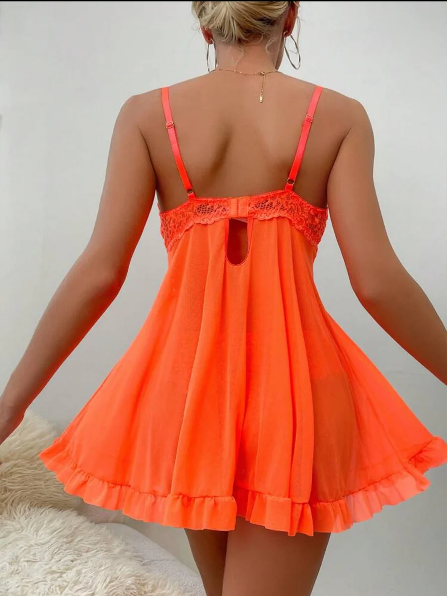 Sexy Solid Slip Nightdress Contrast Lace Round Neck Backless Sleep Mini Dress Women's Sleepwear & Dresses