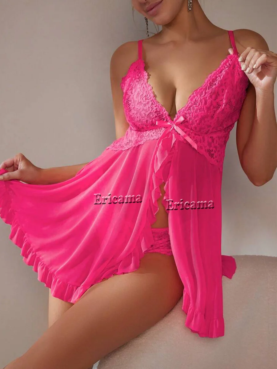 Sexy Solid Slip Nightdress Contrast Lace Round Neck Backless Sleep Mini Dress Women's Sleepwear & Dresses
