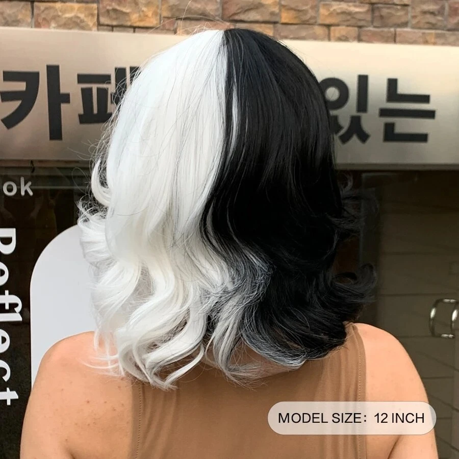 Cruella black and white color wave mid-length hair 12 inch with bangs for cosplay hollween party daily wear