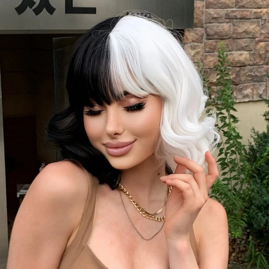 Cruella black and white color wave mid-length hair 12 inch with bangs for cosplay hollween party daily wear