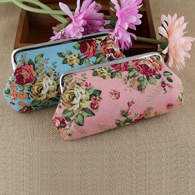 Women's Vintage Floral Pattern Coin Purse, Kiss-Lock Clutch Purse, Lightweight Wallet
