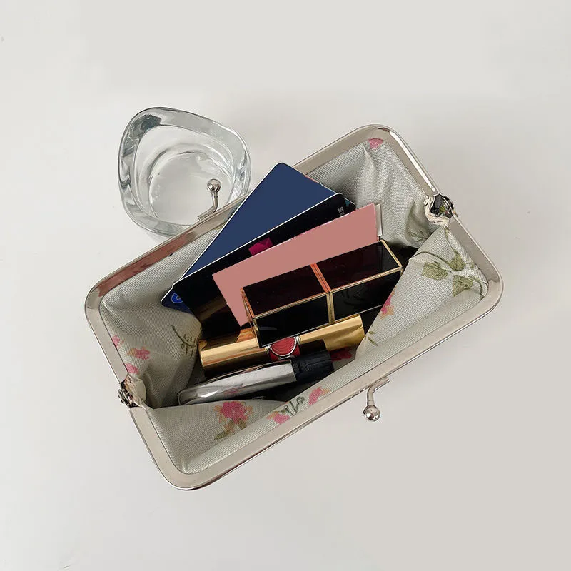 Women's Vintage Floral Pattern Coin Purse, Kiss-Lock Clutch Purse, Lightweight Wallet