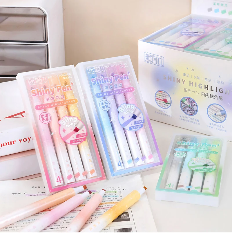 4 Colors/set Shiny Glitter Pens Morandi Color Series High Capacity Highlighter Pens Bling Bling Markers for Journaling Supplies